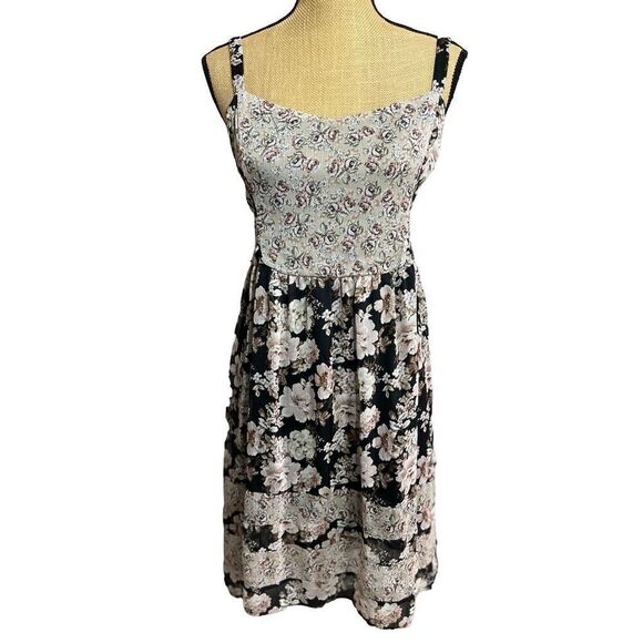 Mudd Hi-Low Smocked Sundress Size XL Dress Black Ivory Floral Stretch Adjustable - Picture 8 of 15